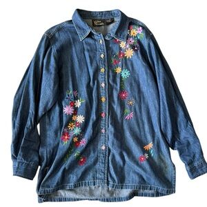 Silver Threads Floral Embroidered Denim Shirt - Size L